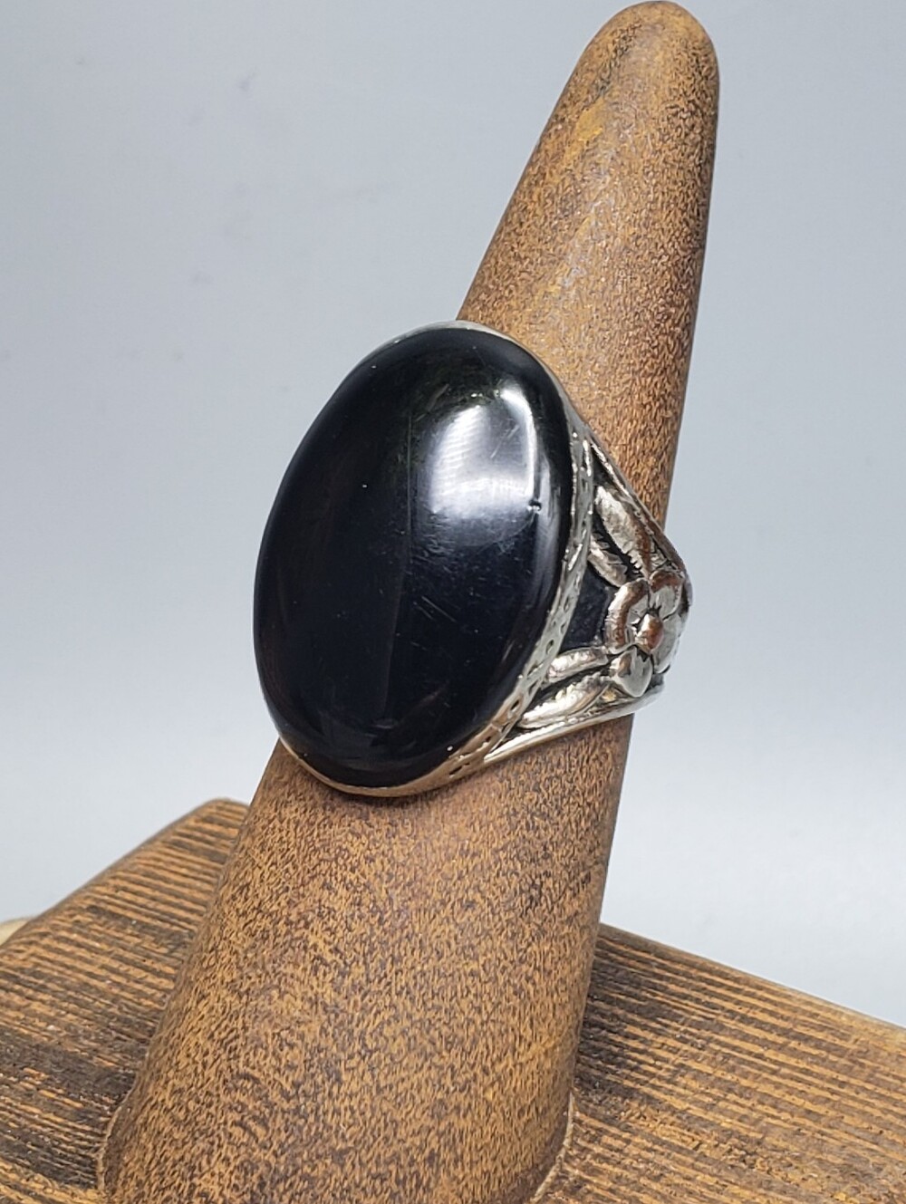 Large Black Oval Cabochon Ring - Engraved Silver Tone Dome Festival Goth